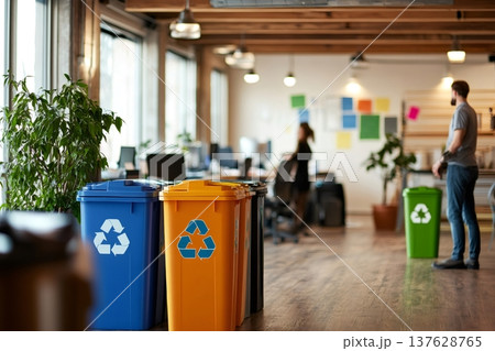Colorful recycling bins standing in a busy open plan office, people working in background, promoting eco friendly waste management 137628765