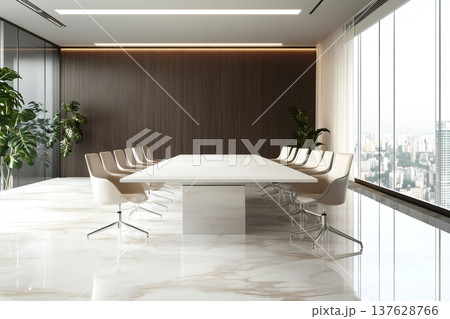 Modern business conference room interior featuring a long white table, chairs, elegant marble floor, and city skyline 137628766