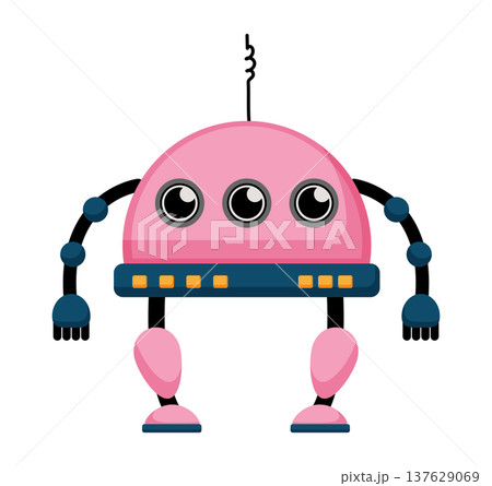 Flat vector illustration of a pink robot with three eyes, antenna and mechanical arms. Cute cartoon robot character isolated on a white background. Flat vector illustration of a pink robot with three eyes, antenna and mechanical arms. Cute cartoon robot character isolated on a white background. 137629069