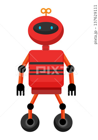 Flat vector illustration of a red robot with round head, mechanical arms and wheels instead of feet. Cartoon robot character isolated on a white background. 137629111