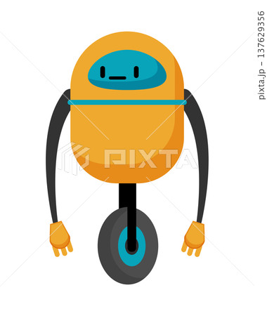 Flat vector illustration of an orange robot with one wheel and simple friendly design. Cartoon robot character isolated on a white background. Flat vector illustration of an orange robot with one wheel and simple friendly design. Cartoon robot character isolated on a white background. 137629356