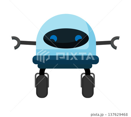 Flat vector illustration of a cute small robot with wheels and simple arms. Friendly cartoon robot isolated on a white background. 137629468