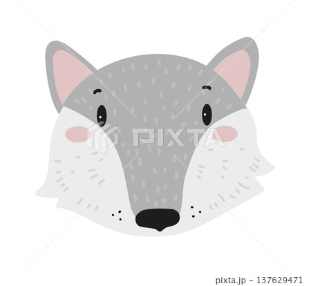 Flat vector illustration of a cute wolf face. Cartoon forest animal isolated on a white background. Flat vector illustration of a cute wolf face. Cartoon forest animal isolated on a white background. 137629471