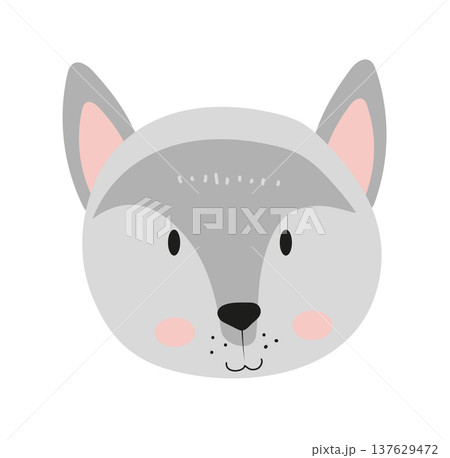 Cute cartoon wolf face with pointed ears and soft fur pattern. Flat vector illustration of a forest predator animal character isolated on white background for kids prints, nursery decor and stickers. Cute cartoon wolf face with pointed ears and soft fur pattern. Flat vector illustration of a forest predator animal character isolated on white background for kids prints, nursery decor and stickers. 137629472