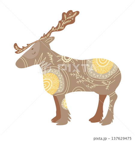 Stylized deer with large antlers decorated with ornamental ethnic patterns. Vector illustration of forest animal isolated on white background. Stylized deer with large antlers decorated with ornamental ethnic patterns. Vector illustration of forest animal isolated on white background. 137629475
