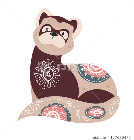 Stylized ferret decorated with ornamental ethnic patterns. Cartoon vector illustration of cute animal isolated on white background. Stylized ferret decorated with ornamental ethnic patterns. Cartoon vector illustration of cute animal isolated on white background. 137629476