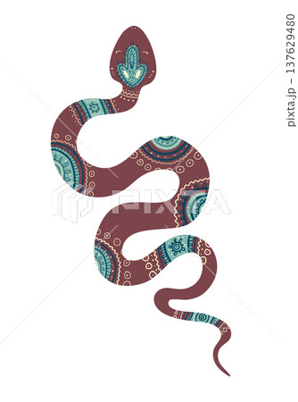 Stylized snake decorated with ornamental ethnic patterns. Cartoon vector illustration of reptile isolated on white background. 137629480