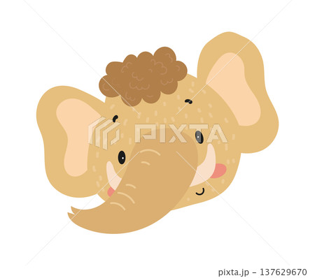 Flat vector illustration of a cute elephant face with trunk and big ears. Cartoon safari animal isolated on a white background. 137629670