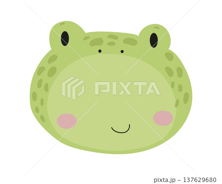 Cute cartoon frog face with big eyes and a smiling expression. Flat vector illustration of an amphibian animal character isolated on white background for kids prints, nursery decor, stickers and 137629680