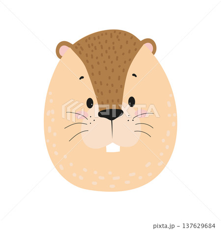 Flat vector illustration of a cute groundhog face with small ears, whiskers and large front teeth. Cartoon animal character isolated on a white background. 137629684