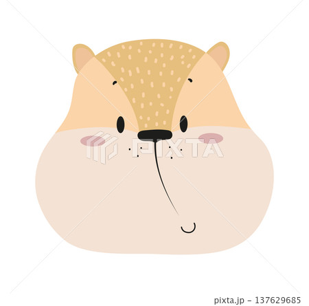 Cute cartoon hamster face with round cheeks and small ears. Flat vector illustration of a funny pet animal character isolated on white background for kids prints, nursery decor, stickers and children 137629685
