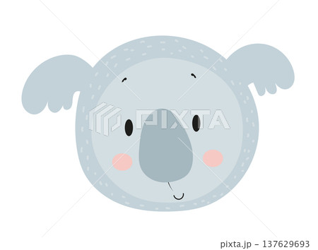 Cute cartoon koala face with big nose and round ears. Flat vector illustration of an Australian animal character isolated on white background for kids prints, nursery decor, stickers and children Cute cartoon koala face with big nose and round ears. Flat vector illustration of an Australian animal character isolated on white background for kids prints, nursery decor, stickers and children 137629693