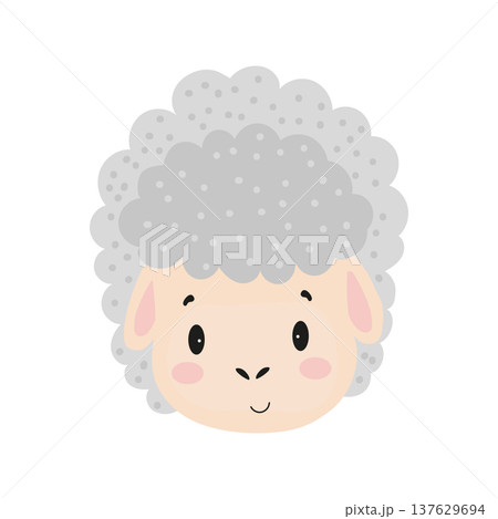 Flat vector illustration of a cute lamb face with fluffy wool. Cartoon farm animal character isolated on a white background. 137629694