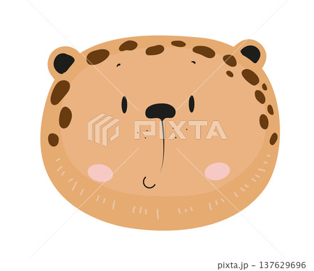 Cute cartoon leopard face with spots and round ears. Flat vector illustration of a wild jungle animal character isolated on white background for kids prints, nursery decor, stickers and design. Cute cartoon leopard face with spots and round ears. Flat vector illustration of a wild jungle animal character isolated on white background for kids prints, nursery decor, stickers and design. 137629696