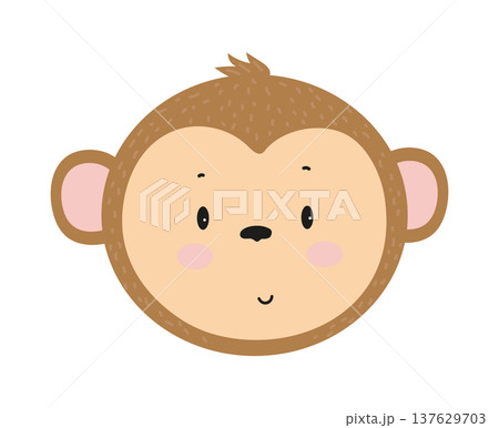 Flat vector illustration of a cute monkey face. Cartoon jungle animal isolated on a white background. Flat vector illustration of a cute monkey face. Cartoon jungle animal isolated on a white background. 137629703