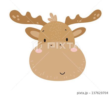 Cute cartoon moose face with antlers. Flat vector illustration of a forest animal character isolated on white background for kids prints, nursery design, stickers and posters. 137629704
