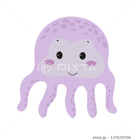 Flat vector illustration of a cute octopus with tentacles. Cartoon sea animal isolated on a white background. Flat vector illustration of a cute octopus with tentacles. Cartoon sea animal isolated on a white background. 137629706