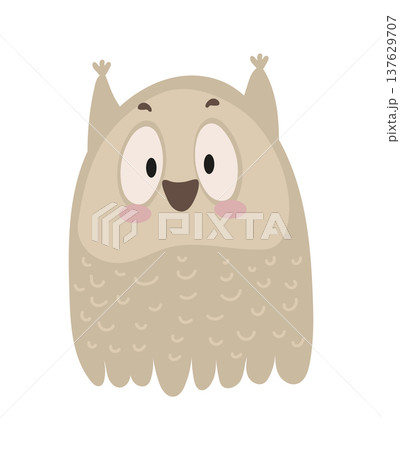 Flat vector illustration of a cute cartoon owl with big eyes and small feather tufts. Adorable forest bird character isolated on a white background. Flat vector illustration of a cute cartoon owl with big eyes and small feather tufts. Adorable forest bird character isolated on a white background. 137629707