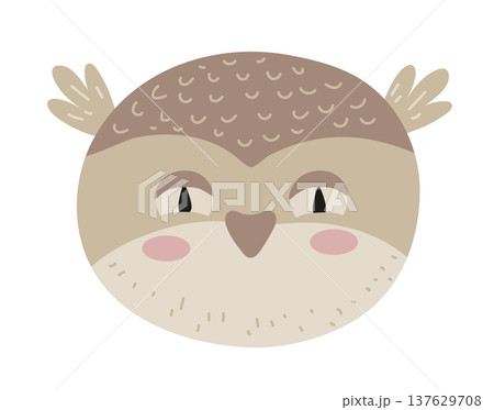 Cute cartoon owl face with soft feathers and sleepy eyes. Flat vector illustration of a forest bird character isolated on white background for kids prints, nursery decor and stickers. Cute cartoon owl face with soft feathers and sleepy eyes. Flat vector illustration of a forest bird character isolated on white background for kids prints, nursery decor and stickers. 137629708