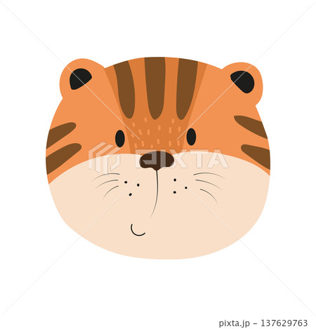 Cute cartoon tiger face with stripes and small ears. Flat vector illustration of a jungle predator animal character isolated on white background for kids prints, nursery decor and stickers. 137629763