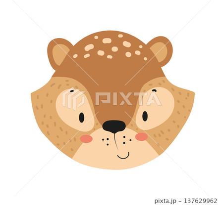 Cute cartoon deer face. Flat vector illustration of a young forest animal character isolated on white background for kids prints, nursery decoration, stickers and cards. 137629962