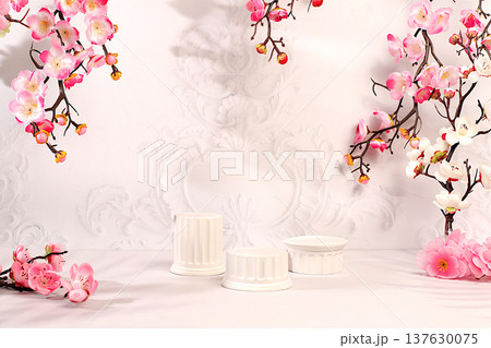 Elegant sunny colorful banner, background with pink sakura flowers for design. Empty beautiful spring podium and template for your creativity, product display stand and summer party concept Elegant sunny colorful banner, background with pink sakura flowers for design. Empty beautiful spring podium and template for your creativity, product display stand and summer party concept 137630075