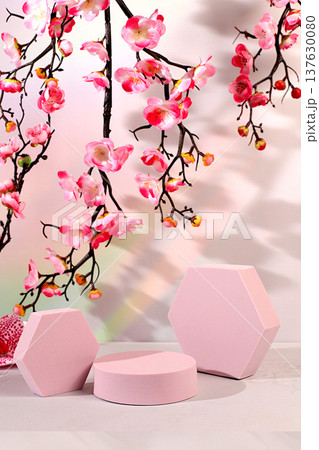 Abstract artistic minimalist background for cosmetic product presentation, premium empty podium with cherry blossom branches on sunny elegant background, design template and banner for screen Abstract artistic minimalist background for cosmetic product presentation, premium empty podium with cherry blossom branches on sunny elegant background, design template and banner for screen 137630080