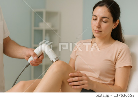 Professional physiotherapist applying therapeutic ultrasound to a young woman's knee joint, aiding in pain relief, recovery, and rehabilitation in a clinical setting 137630558