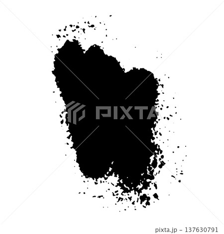 Black ink splatter with scattered drops and spray effect resembling aerosol paint. Grunge style vector illustration of liquid splash isolated on white background. Black ink splatter with scattered drops and spray effect resembling aerosol paint. Grunge style vector illustration of liquid splash isolated on white background. 137630791