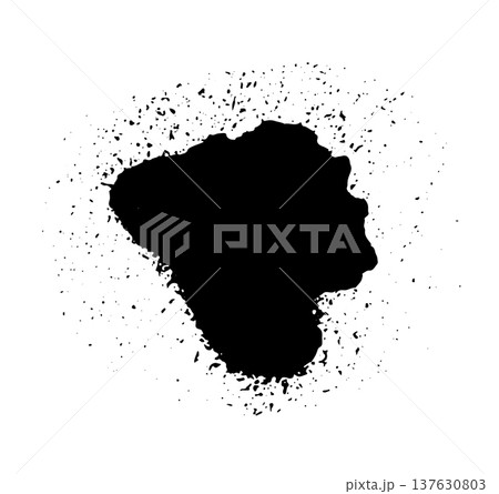 Black ink splatter with scattered drops and spray effect resembling aerosol paint. Grunge style vector illustration of liquid splash isolated on white background. Black ink splatter with scattered drops and spray effect resembling aerosol paint. Grunge style vector illustration of liquid splash isolated on white background. 137630803
