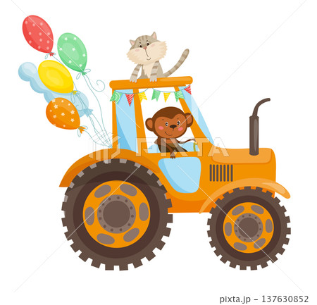 Monkey and Cat Tractor Rideのイラスト素材 [137630852] - PIXTA