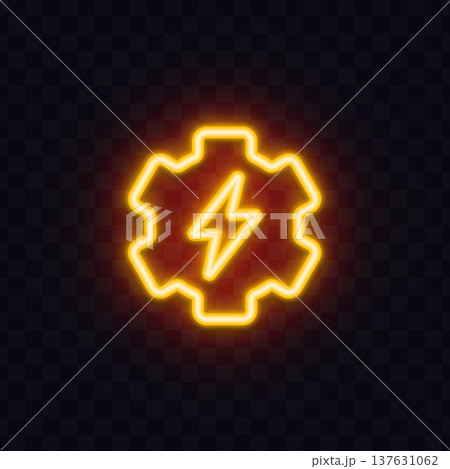 Neon lightning icon inside a glowing gear outline. Electric power symbol with warm yellow light on dark transparent background. Perfect for industry, engineering and technology themes. 137631062