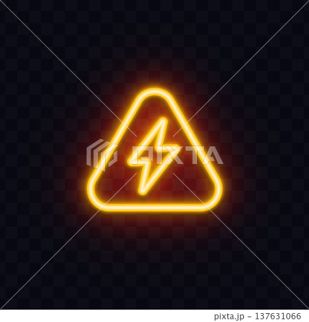Neon lightning warning sign inside a triangular frame. Bright electric hazard symbol glowing on dark transparent background. Ideal for safety, danger and high voltage concepts. 137631066