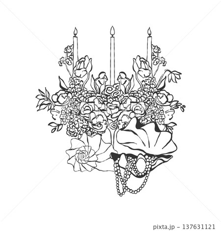 A hand-drawn vintage candelabra with candles, flowers, and nautical-themed decor. This vector outline illustration in black tones is perfect for coastal-themed celebrations and weddings. A hand-drawn vintage candelabra with candles, flowers, and nautical-themed decor. This vector outline illustration in black tones is perfect for coastal-themed celebrations and weddings. 137631121
