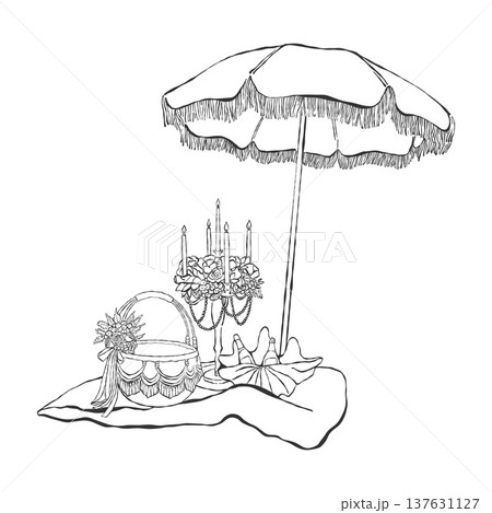 A beach umbrella, basket, candelabra with candles, and a seashell with a bottle of wine. Vintage illustration for a beach party or coastal wedding. Black vector outline clip art. A beach umbrella, basket, candelabra with candles, and a seashell with a bottle of wine. Vintage illustration for a beach party or coastal wedding. Black vector outline clip art. 137631127