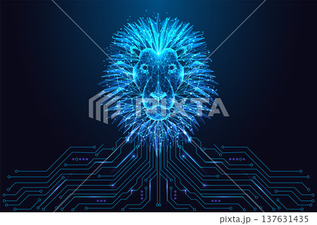 Digital Lion Head over circuit board. AI Security and Strength Symbol in Futuristic Vector Art Digital Lion Head over circuit board. AI Security and Strength Symbol in Futuristic Vector Art 137631435