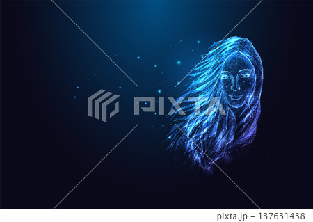 Digital Female Avatar. AI Woman Portrait in Futuristic Polygon Mesh Neon Vector Style 137631438