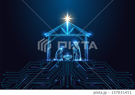 Digital nativity scene with glowing holy family and stable on circuit board, Christmas vector 137631451