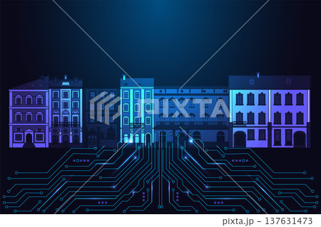 Futuristic smart city buildings glowing above circuit board, AI urban development and technology Futuristic smart city buildings glowing above circuit board, AI urban development and technology 137631473
