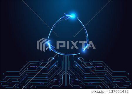Circular arrow cycle glowing above circuit board, AI process loop and smart system automation Circular arrow cycle glowing above circuit board, AI process loop and smart system automation 137631482