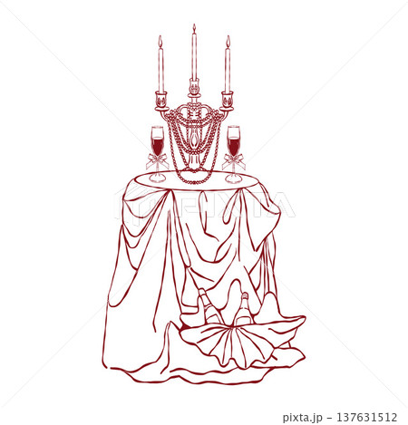 A romantic table with a tablecloth, wine, a shell, a candelabra with candles, and wine glasses. Hand-drawn in red tones. Vector outline illustration for coastal-themed weddings and celebrations. 137631512