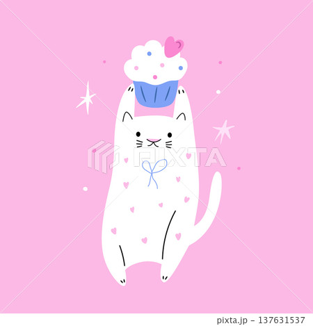 Vector illustration of cute hand-drawn cat with cupcake. Vector illustration of cute hand-drawn cat with cupcake. 137631537