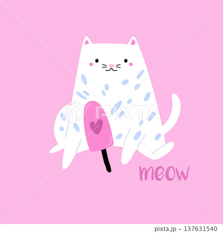 Cute cat eating ice cream popsicle vector illustration 137631540