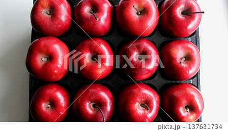 Box with compartments for storing ripe apples on clean white surface top view 137631734
