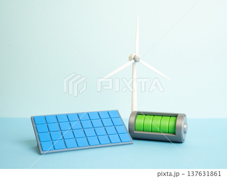 A solar panel, windmill and battery storing accumulated charge. Autonomous renewable energy generation and storage system. Sustainable electricity solutions for homes and off grid infrastructure. A solar panel, windmill and battery storing accumulated charge. Autonomous renewable energy generation and storage system. Sustainable electricity solutions for homes and off grid infrastructure. 137631861