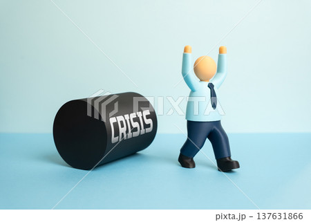 An office worker flees a scalding crisis while the business is saved from financial collapse. Escaping bankruptcy and restoring stability. Crisis management and corporate survival strategy. 137631866