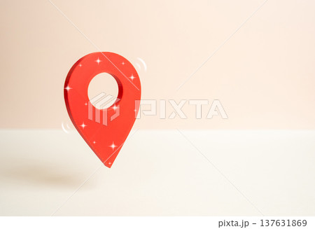 Red geolocation marker on a map. Concept of location and navigation in digital mapping. Marking a meeting point or highlighting a specific place on modern GPS services. 137631869