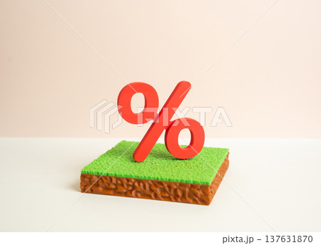 A plot of land and a red interest rate. Mortgage on a plot of land and the cost of borrowing for real estate. Land financing, rising loan rates and financial risks for property buyers and investors. A plot of land and a red interest rate. Mortgage on a plot of land and the cost of borrowing for real estate. Land financing, rising loan rates and financial risks for property buyers and investors. 137631870