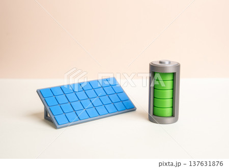 A solar panel charges a battery in an autonomous power system. Renewable energy generation and storage. Sustainable electricity for homes, off grid systems and modern green technology. A solar panel charges a battery in an autonomous power system. Renewable energy generation and storage. Sustainable electricity for homes, off grid systems and modern green technology. 137631876