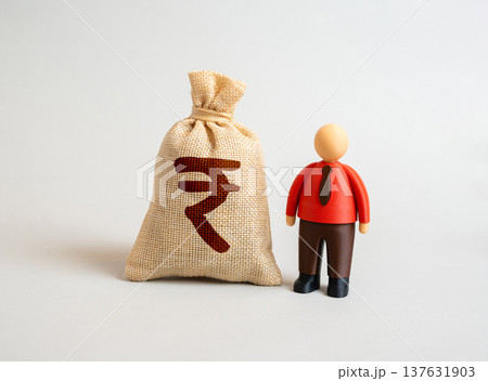 Indian rupee money bag and office worker. Cost of employee retraining as a long term investment. Prosperity of working individuals. Financial independence and wage growth. Savings, career development. 137631903